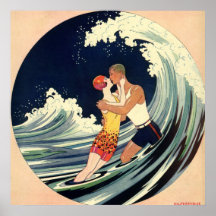 Vintage Liebe in der Brandung, romantischer Kuss d Posterdruck