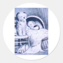 Vintage Lithographie mit Baby und Haustier Runder Sticker