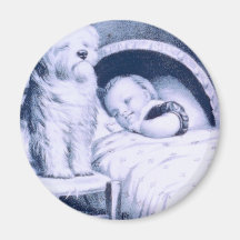 Vintage Lithographie mit Baby und Haustier Magnete