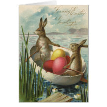 Vintage Osterhasen und Ostereier in einem Boot Grußkarten