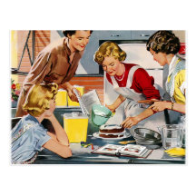 Vintage Retro Frauen-Anzeige ließ uns einen Kuchen Postkarte