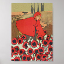 Vintage rote Reithauben-Wolf-Mohnblumen-Blumen Plakatdrucke