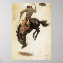 Vintager Cowboy auf einem sträubenden Bronco-Pferd Poster