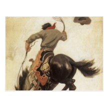 Vintager Cowboy auf einem sträubenden Bronco-Pferd Postkarte