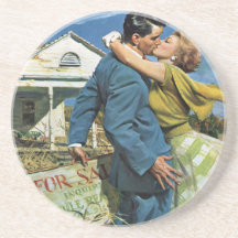 Vintager Jungvermählten-Kauf-erstes Haus; Wir zieh Getränkeuntersetzer