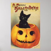 Vintager lächelnder niedlicher schwarze Katzen-Kür Plakatdruck