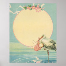 Vintager Storch mit Baby-Mädchen in der rosa Decke Poster