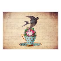 Vintager Vogel, Rosen und Teacup Photo