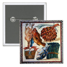 Vintages römisches ländliches Land-Küchen-Fisch-Mo Anstecknadelbutton