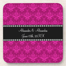 Wedding favors Magenta pink damask Beverage Coasters