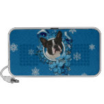Weihnachten - blaue Schneeflocken - Boston Terrier Reise Lautsprecher