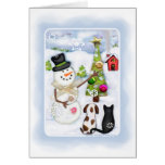 Weihnachtswinter-Schneemann u. Haustier-Gruß-Karte