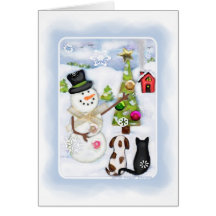 Weihnachtswinter-Schneemann u. Haustier-Gruß-Karte