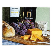 Wein-Brot-Käse-und Trauben-Stillleben Kunstfoto