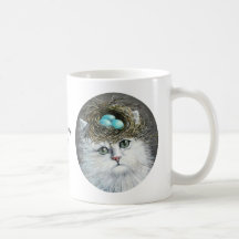 Weiße persische Katze mit Robins Nest-Becher Teetasse