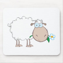 Weiße Schaf-Cartoon-Charakter, der eine Blume isst Mousepads