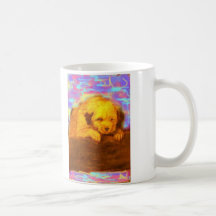 weißer betender Hund Kaffee Tasse