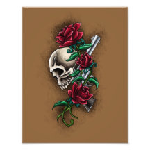 Western-Schädel mit Roten Rosen und Revolver-Pisto Photo Druck