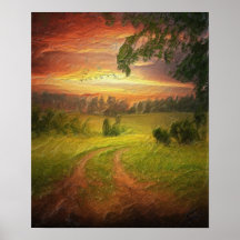 Wiese mit Sonnenuntergang Plakate