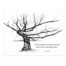 Wort Gottes für immer: Knotiger Baum im Bleistift Postkarten