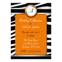 Zebra-Druck-Monogramm-orange Geburtstags-Einladung