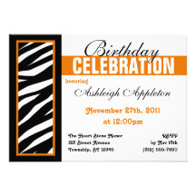 Zebra-Druck-Seiten-orange Geburtstags-Party Einlad