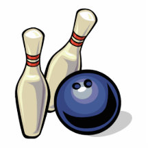 zwei Bowlingsstifte und Bowlingsballentwurf Fotostatue