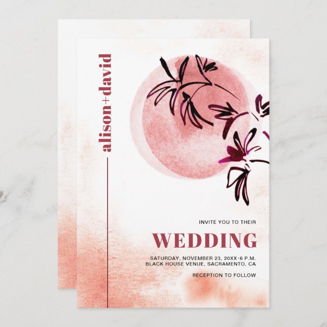 Βranch and moon Qr code Japandi Hochzeit Einladung (Vorne/Hinten)