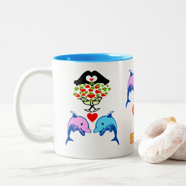 ت I Liebe Irish-Frisky Dolphin Couple Fab Classic Zweifarbige Tasse (Mit Donut)