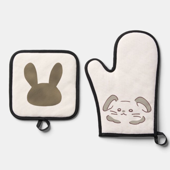 くすみグレーカラーうさぎの OFENHANDSCHUH & Topflappen-Set (Vorderseite)