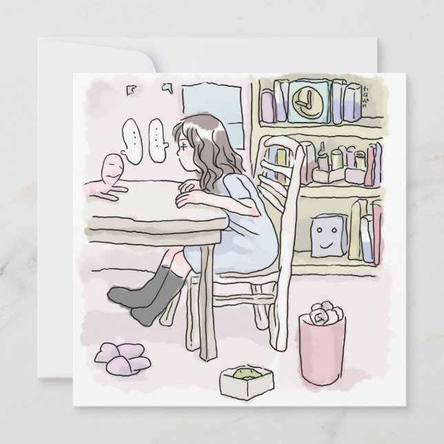 さいくさじ　お部屋で机に向かう MITTEILUNGSKARTE (Vorderseite)