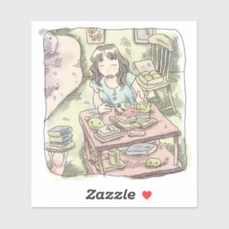 さないやじ　散らかったお部屋の雑貨の置いてある棚を片付ける女性のイラスト AUFKLEBER