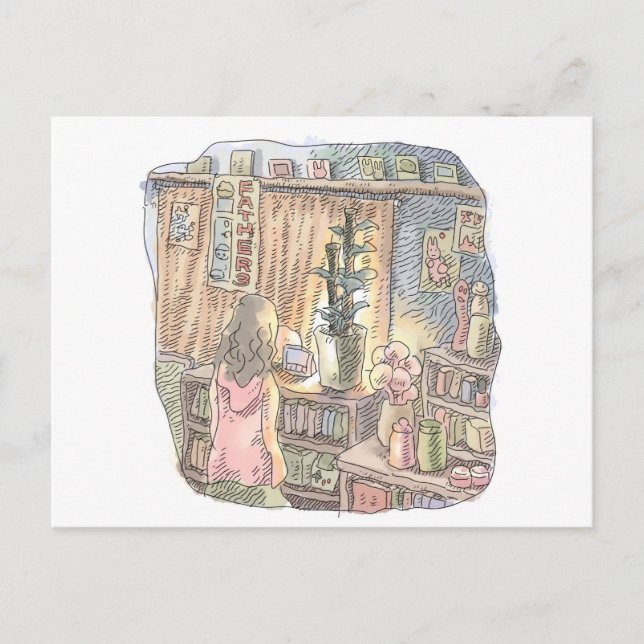 さなくなじ      薄暗いお部屋の植木とカーテンのそばで淡く光る物体を見つめる女性の後ろ姿のイラス POSTKARTE (Vorderseite)