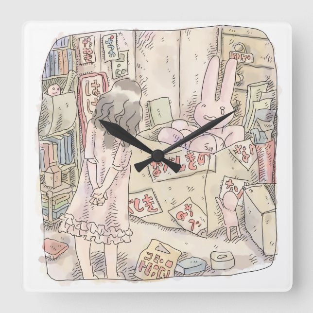 さなごむじ  お部屋の段ボールの中で震えているウサギを見ている女性のイラスト QUADRATISCHE WANDUHR (Vorderseite)