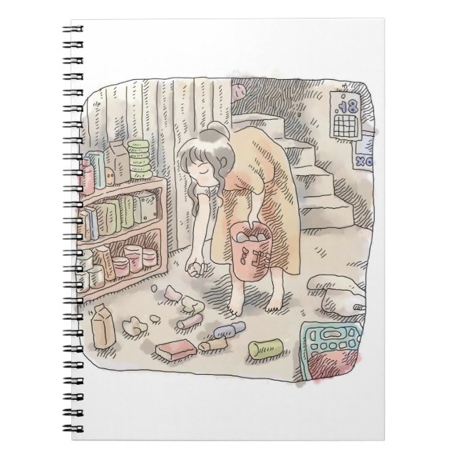 さなささじ  部屋の階段わきで屈んでたくさん落ちているゴミを拾う女性のイラスト NOTIZBLOCK (Vorderseite)