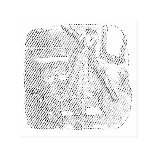 さなさにじ  薄暗い水色の下り階段を手すりを持ってゆっくり歩いているワンピースの女性のイラスト PERMASTEMPEL (Design)