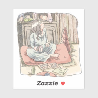 さなにさじ 赤い大きなクッションに胡坐をかいて座って、横を向いて見上げている女性のイラスト AUFKLEBER