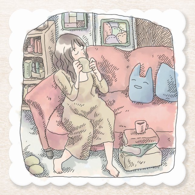 さなににじ　お部屋の中で真っ赤なソファに腰を掛けてまったりカップをすする女性のイラスト UNTERSETZER (Vorderseite)