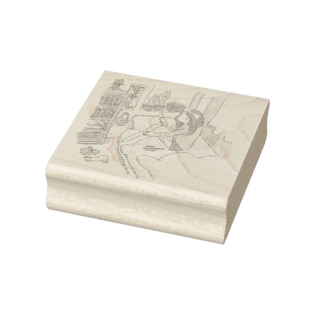 さにれれじ　水色の寝室でベッドに腰掛けてしょんぼりしている女性 GUMMISTEMPEL (Stempel)