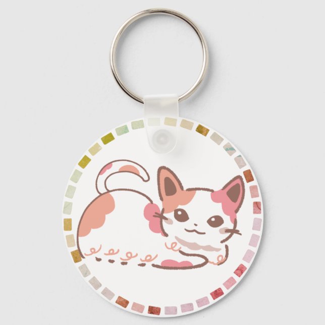 ぶちねこが微笑むピンクとオレンジのタイル   SCHLÜSSELANHÄNGER (Vorderseite)