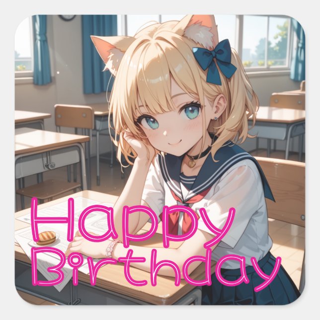 セーラー服を着た猫耳の少女 QUADRATISCHER AUFKLEBER (Vorderseite)