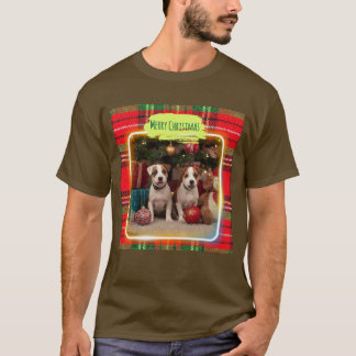 チェック柄がかわいいジャックラッセルテリアの子犬たちとクリスマス♡ メンズ T-Shirt