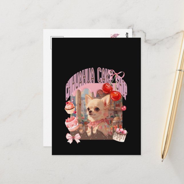 チワワのケーキ屋さん、スイーツ、子犬、リボン、cherry,girly好きのための postkarte (Vorderseite/Rückseite Beispiel)