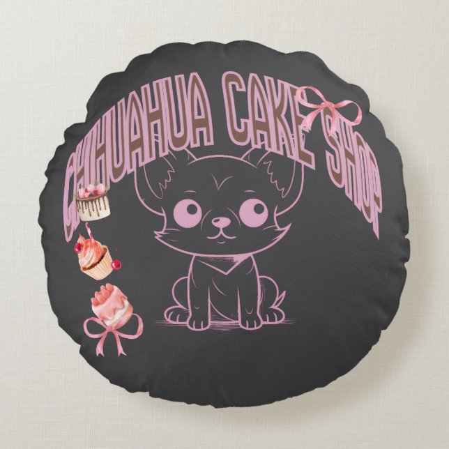 チワワのケーキ屋さん、子犬、犬好き、スイーツ、ケーキが好きな人の RUNDES KISSEN (Vorderseite)