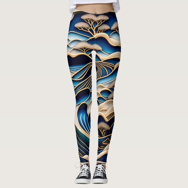 ビンテージな日本の浮世絵北斎イズムとローファイアートが融合した着物柄のレギンス LEGGINGS (Vorderseite)