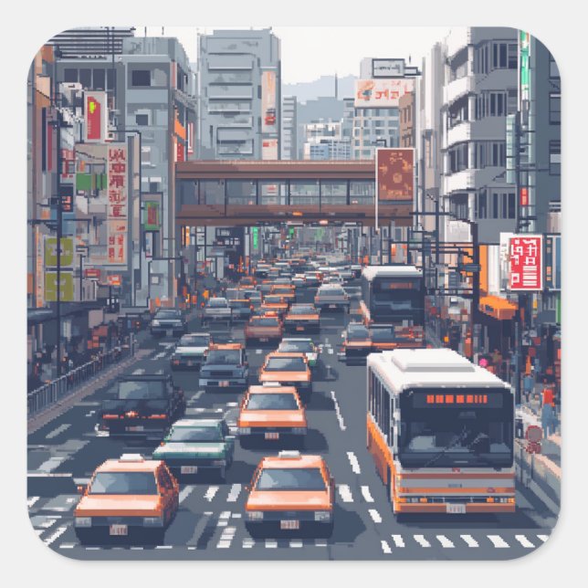 ピクセルアート　東京の渋滞のステッカー QUADRATISCHER AUFKLEBER (Vorderseite)