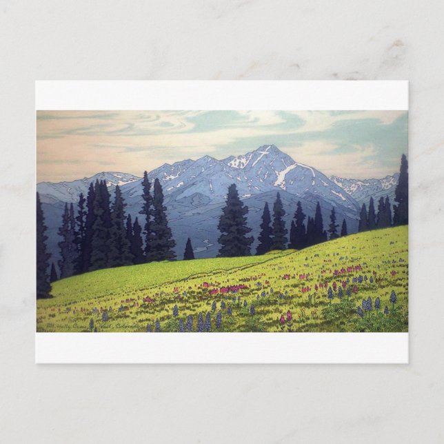 ホ リ ・ ス 山, Mt. Holy Cross, Hiroshi Yoshida, Woodcu Postkarte (Vorderseite)