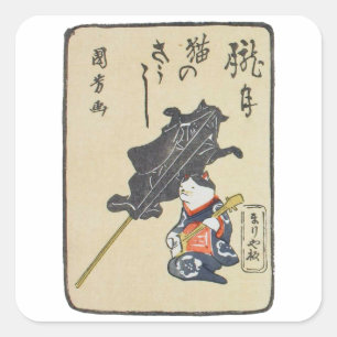 三 味 線 弾 猫, を, Cat Playing Guitar, Kuniyoshi, Ukiyo Quadratischer Aufkleber