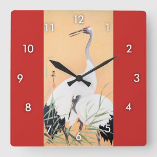 丹頂鶴, 小原古邨 Rot-krönte Kran, Ohara Koson, Ukiyo-e Quadratische Wanduhr