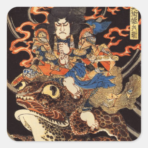 侍と化け蛙, 国芳 Samurais und riesiger Frosch, Kuniyoshi, Quadratischer Aufkleber
